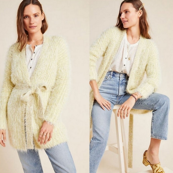 Anthropologie Sweaters - Anthropologie Larkin Shimmer Fuzzy Sweater Cardigan Women's S Yellow Boho Retro